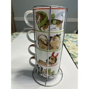 Pier 1 One Christmas Pup Dogs Stacking Mugs Stand Stoneware Holiday Cups